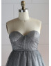 Gray Glittering Tulle Knee Length Prom Dress